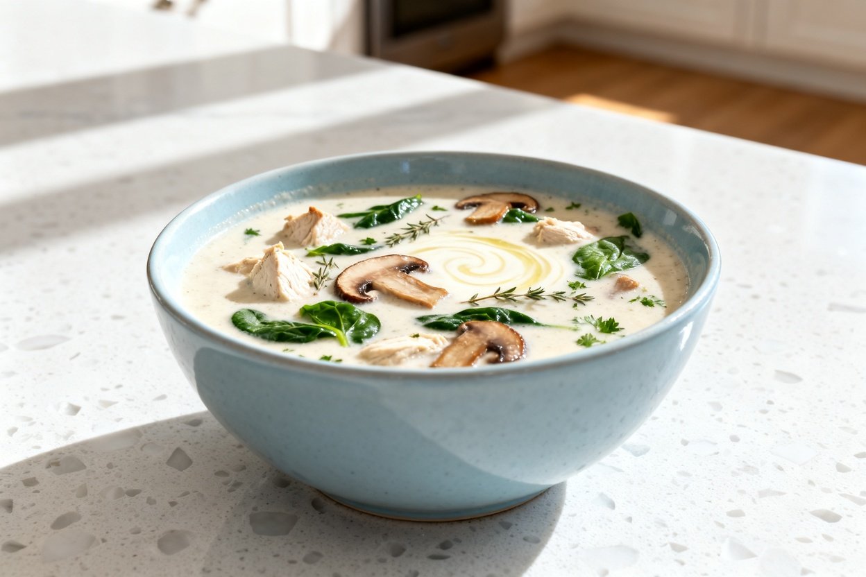 bout 30–40 degrees) realistic home-kitchen photo of the exact same creamy keto chicken mushroom soup