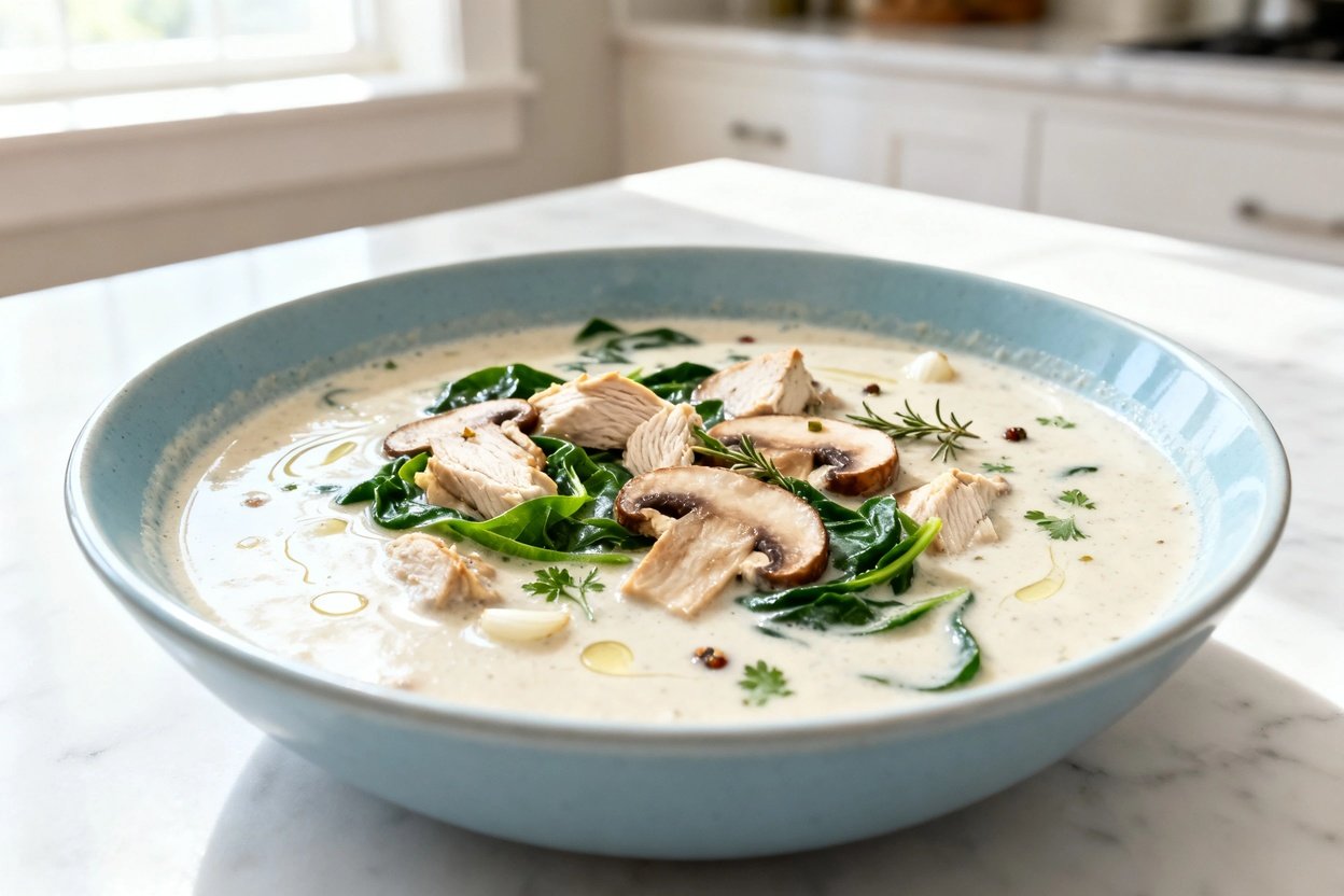 shot (about 30–45 degrees) of the same finished creamy keto chicken mushroom soup plated in the sam