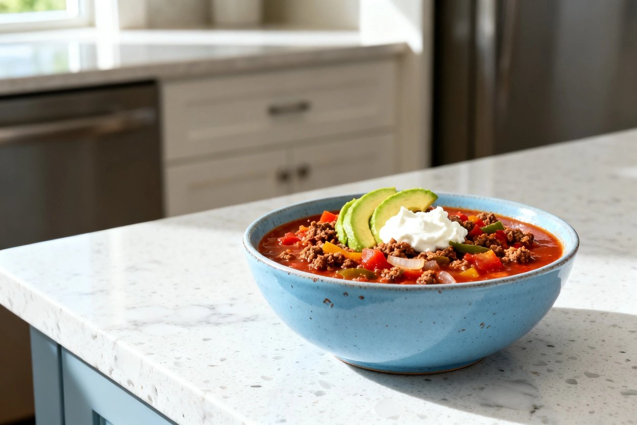 –40 degree camera perspective of the exact same finished hearty keto beef chili (beanless) in the sa