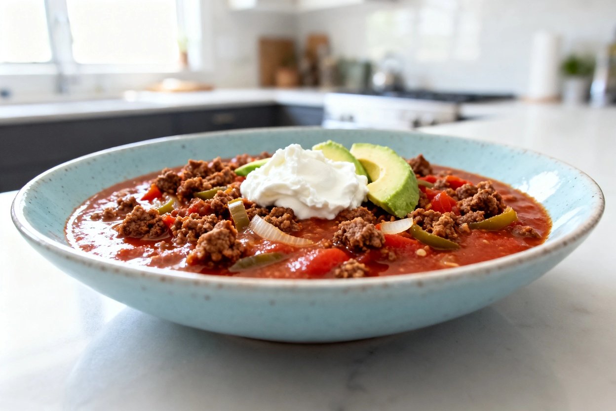 shot at ~35–45 degrees of the same plated serving of hearty keto beef chili (beanless) in the same