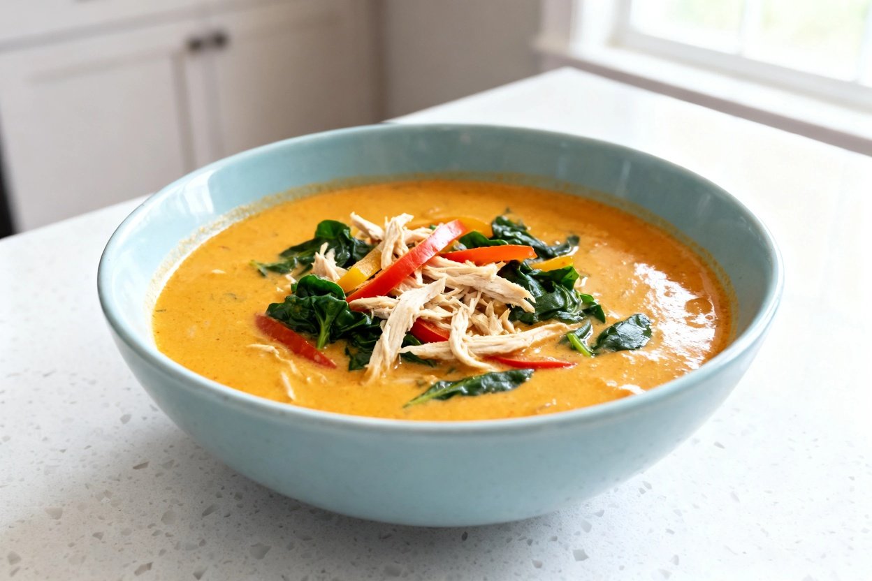 bout 35°) photo of the same finished Keto Coconut Curry Chicken Soup, same portion size and same lig