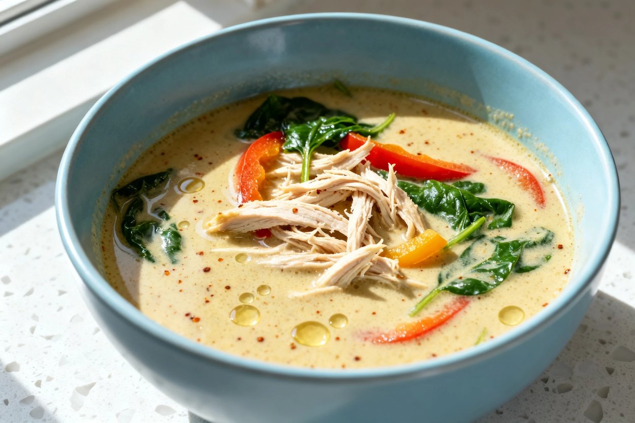  shot (about 40–45°) of the same plated Keto Coconut Curry Chicken Soup in the identical light blue 