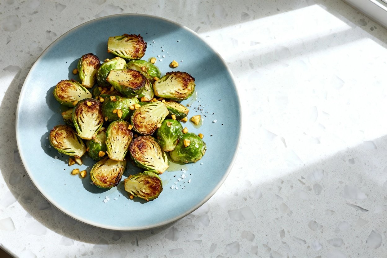 top-down food photo of Low Carb Garlic Roasted Brussels Sprouts: halved Brussels sprouts roasted un