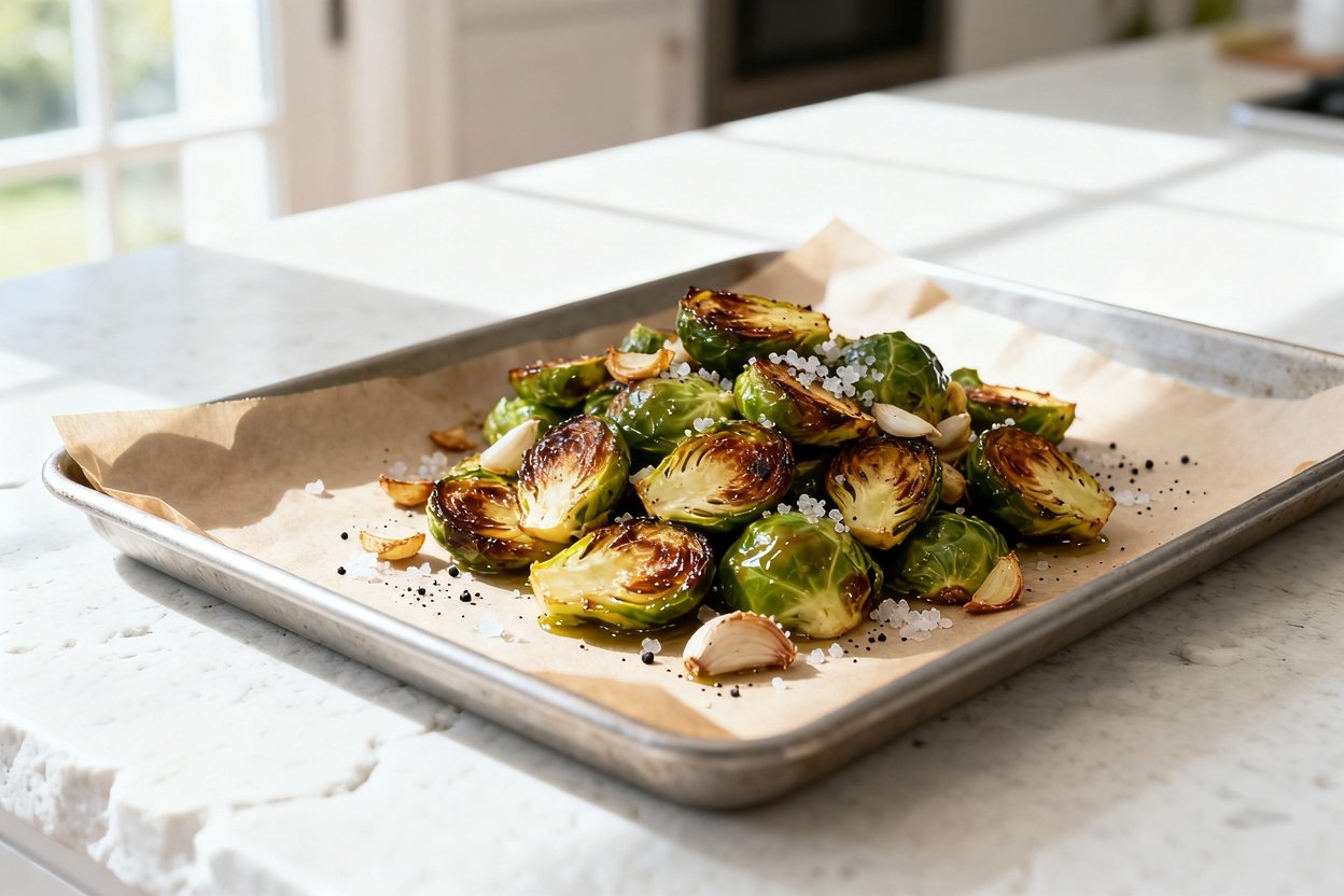 bout 30–40°) realistic food photo of the exact same finished Low Carb Garlic Roasted Brussels Sprout
