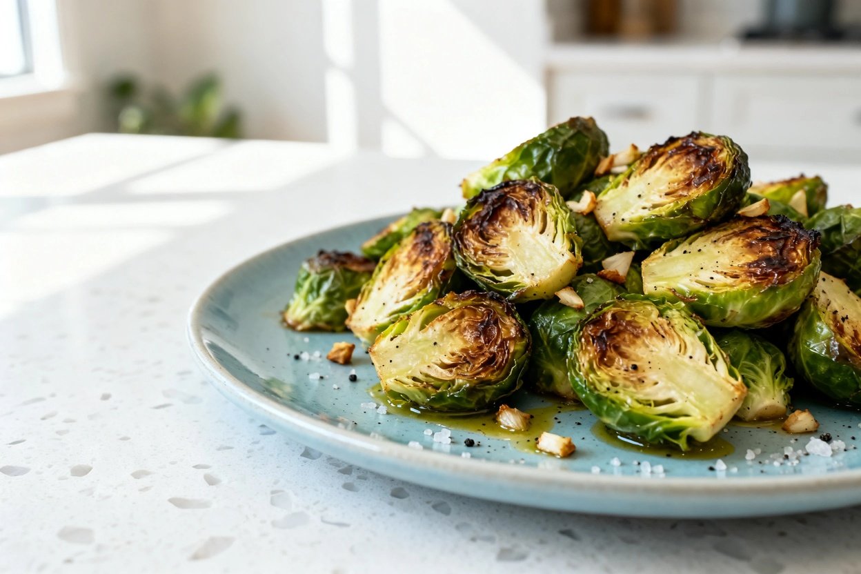 shot (about 30–45°) of the same Low Carb Garlic Roasted Brussels Sprouts plated on the identical li
