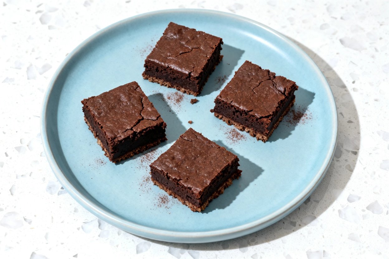 top-down food photo of keto coconut flour brownies: a single serving of 4 small, evenly cut brownie