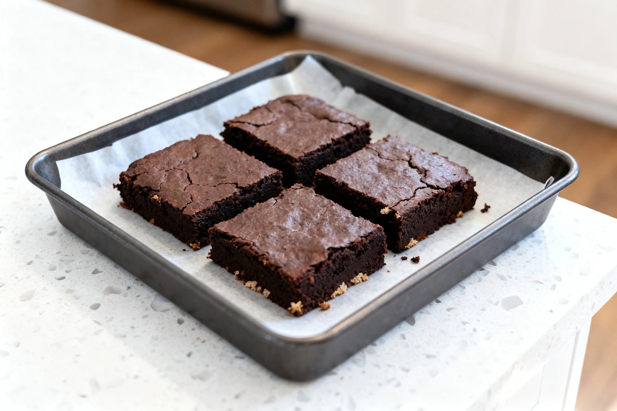 d shot of the exact same finished keto coconut flour brownies, same 4 evenly cut brownie squares wit