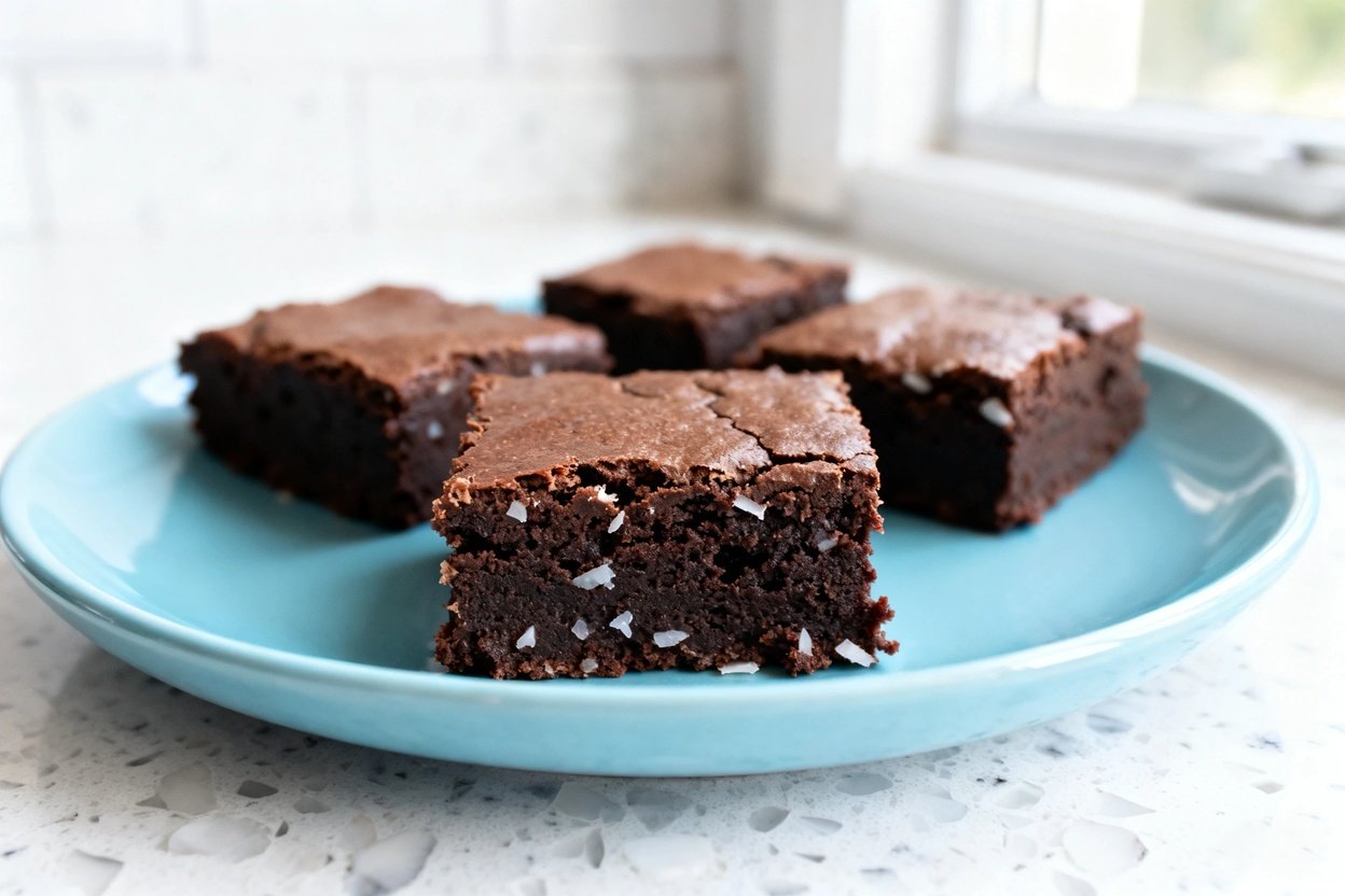 close-up hero photo of the same plated keto coconut flour brownie serving: 4 brownie squares on the 