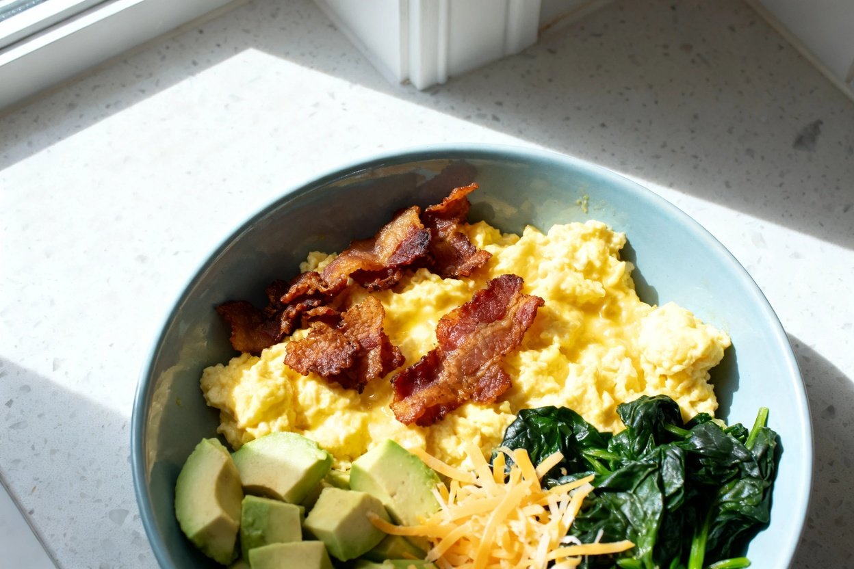 top-down food photo of a finished keto bacon and egg breakfast bowl: a light blue ceramic bowl cente