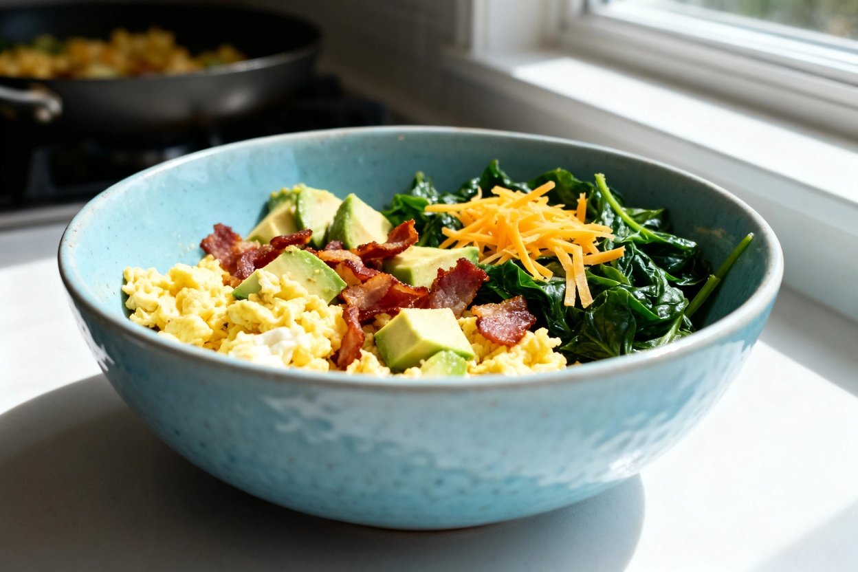 bout 35 degrees) photo of the exact same finished keto bacon and egg breakfast bowl in the same ligh