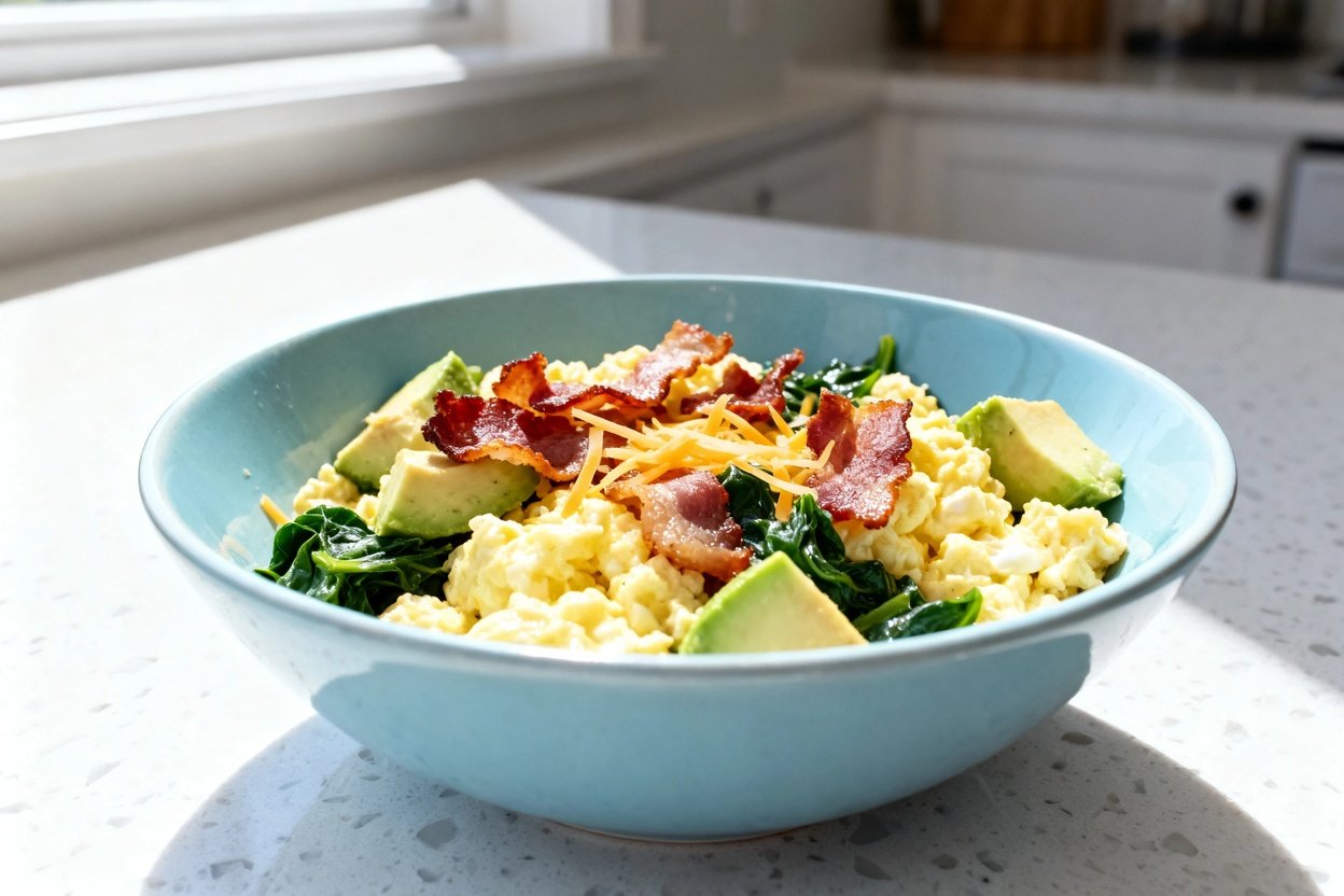 shot (about 40–45 degrees) of the identical finished keto bacon and egg breakfast bowl plated in th