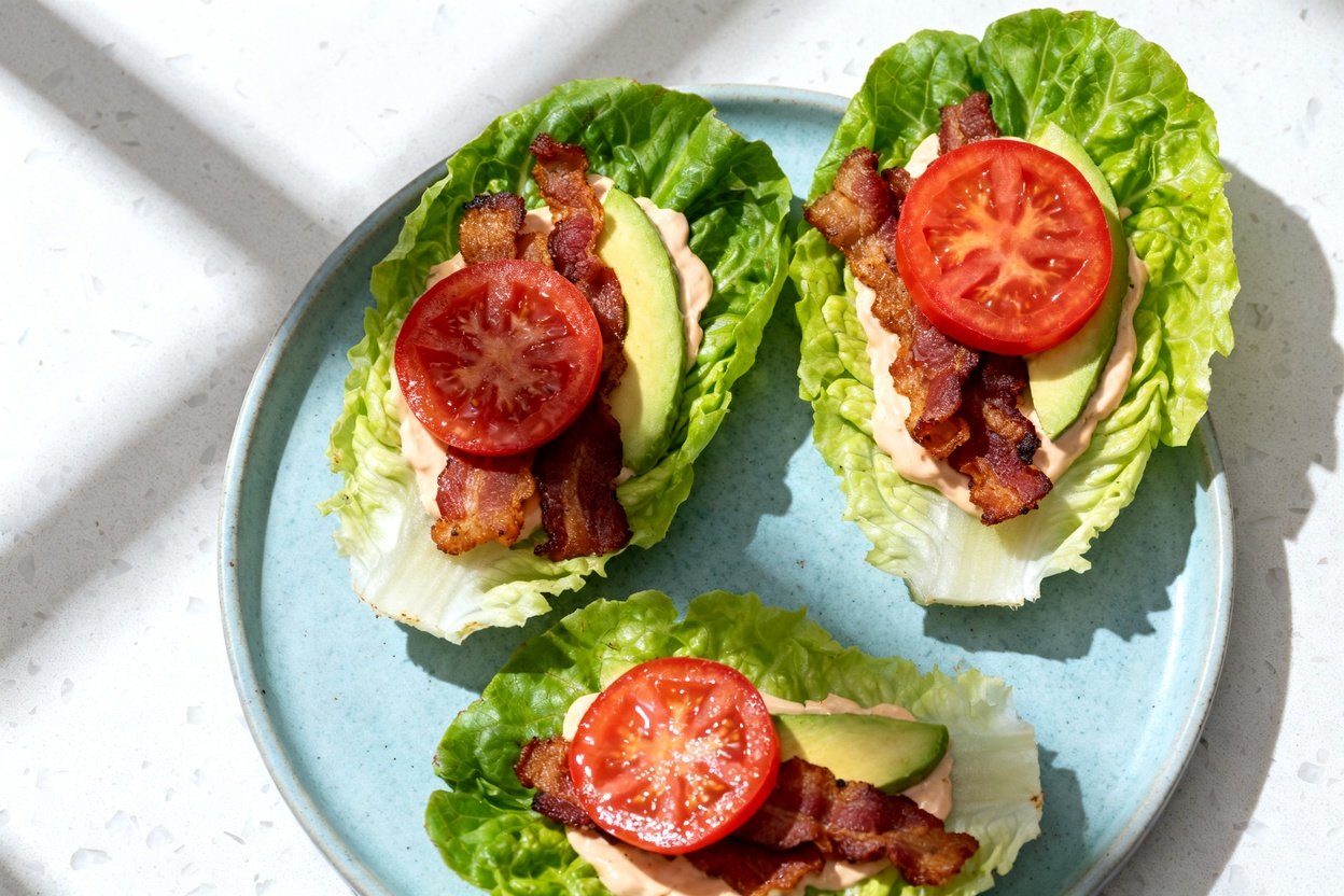  top-down food photo of Keto BLT Lettuce Wraps on a light blue ceramic plate, centered and filling ~