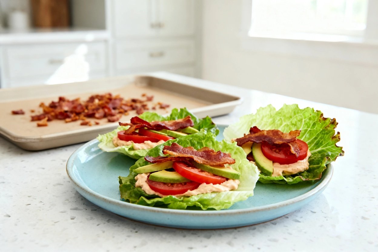 bout 30–40 degrees) photo of the exact same finished Keto BLT Lettuce Wraps and same portion size: 3