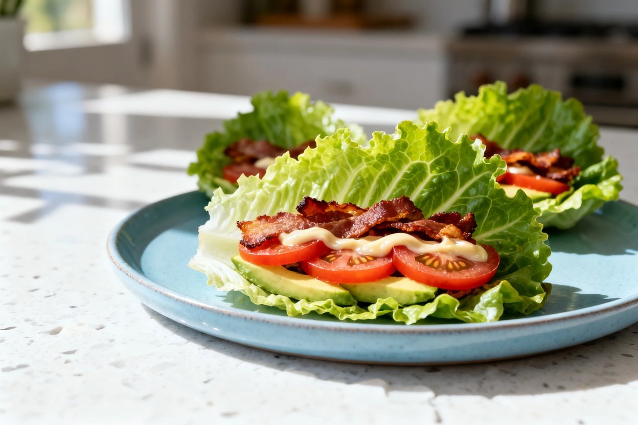  shot (about 30–45 degrees) of the same plated Keto BLT Lettuce Wraps on the same light blue ceramic