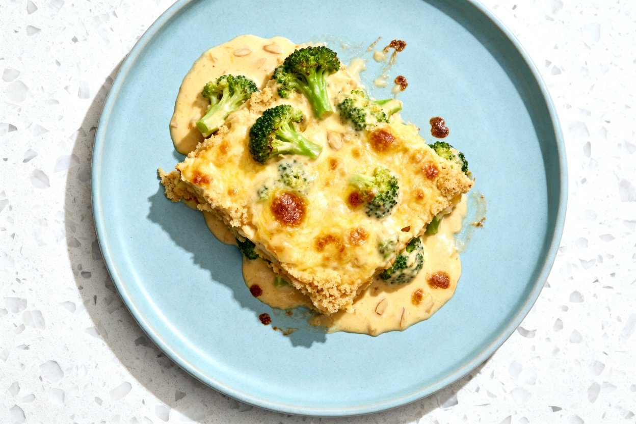 top-down food photo of a single serving of keto broccoli cheese casserole plated on a light blue ce
