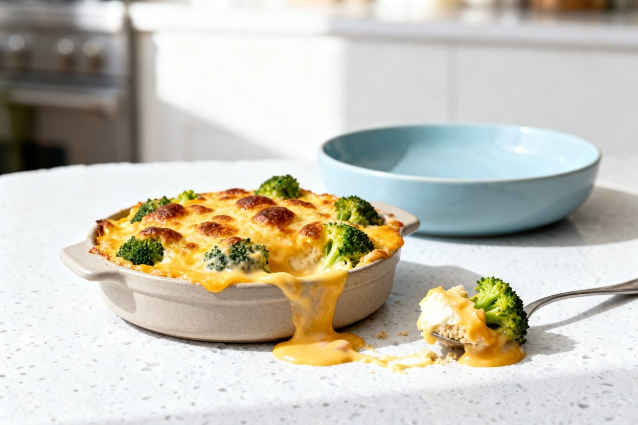 0–40 degrees) realistic food photograph of the exact same finished keto broccoli cheese casserole po