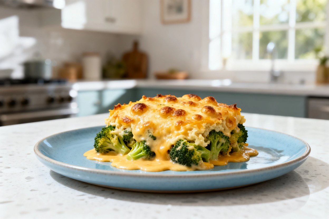 shot (30–45 degrees) of the same plated serving of keto broccoli cheese casserole on the same light