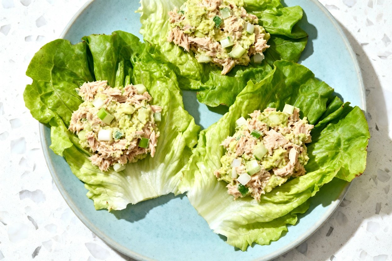 top-down food photo of keto tuna salad lettuce cups: 3–4 sturdy butter lettuce leaves arranged casua