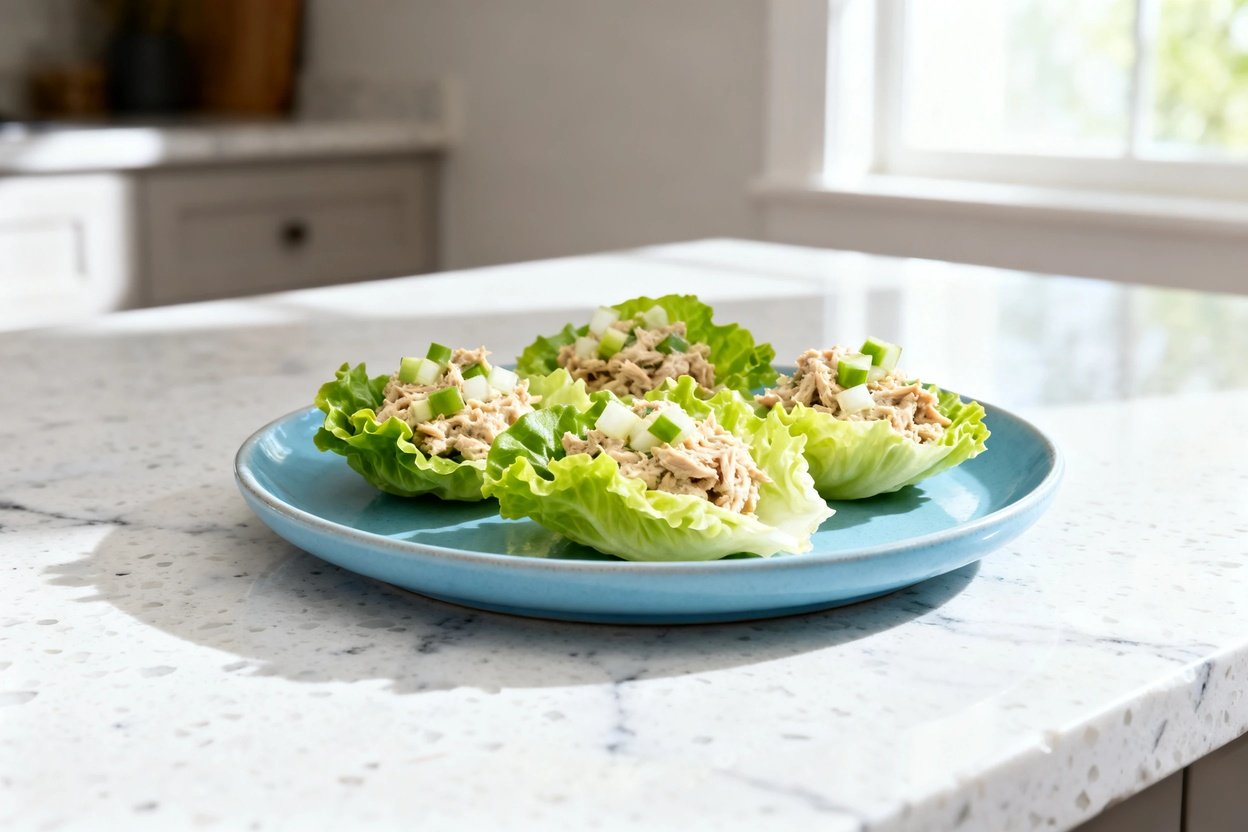 –40 degree photo of the exact same keto tuna salad lettuce cups (same form: tuna salad spooned into 