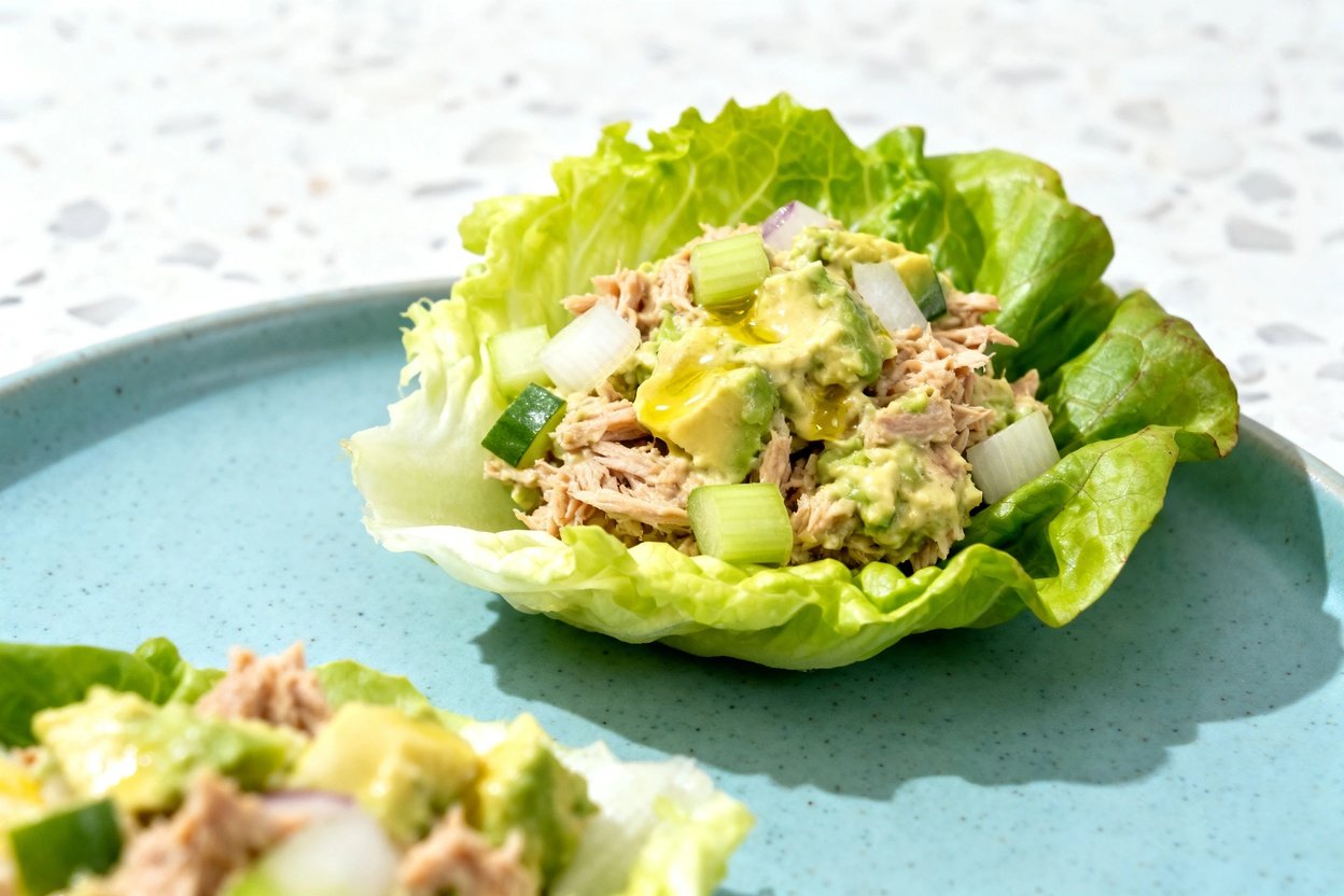  shot at ~35–45 degrees of the same finished keto tuna salad lettuce cups on the same light blue cer