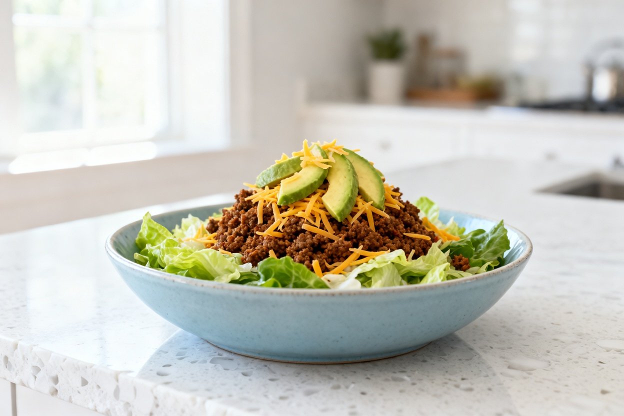 bout 30–40 degrees) realistic food photograph of the exact same finished low carb taco salad with av