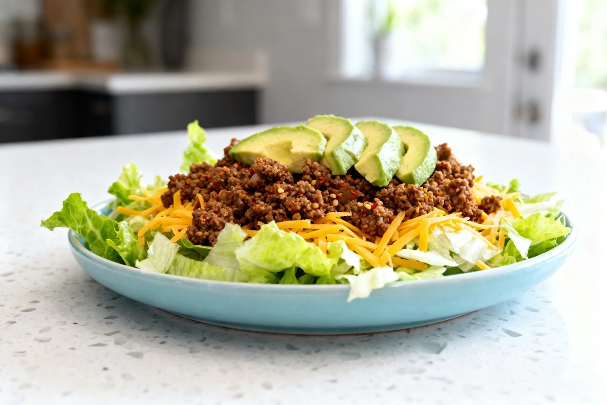  shot (about 30–45 degrees) of the same finished low carb taco salad with avocado, plated on the sam
