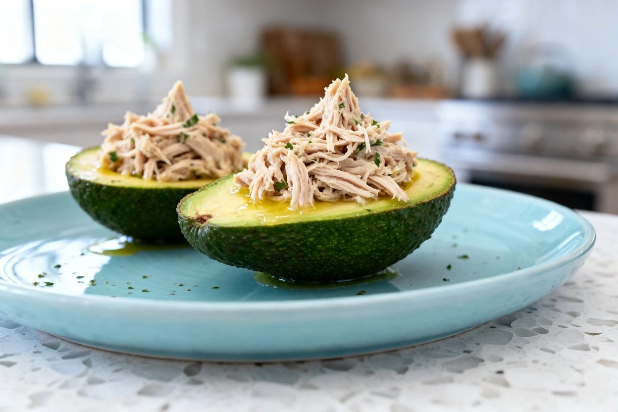 shot (about 40–45 degrees) emphasizing texture of the same finished dish: two avocado halves stuffe