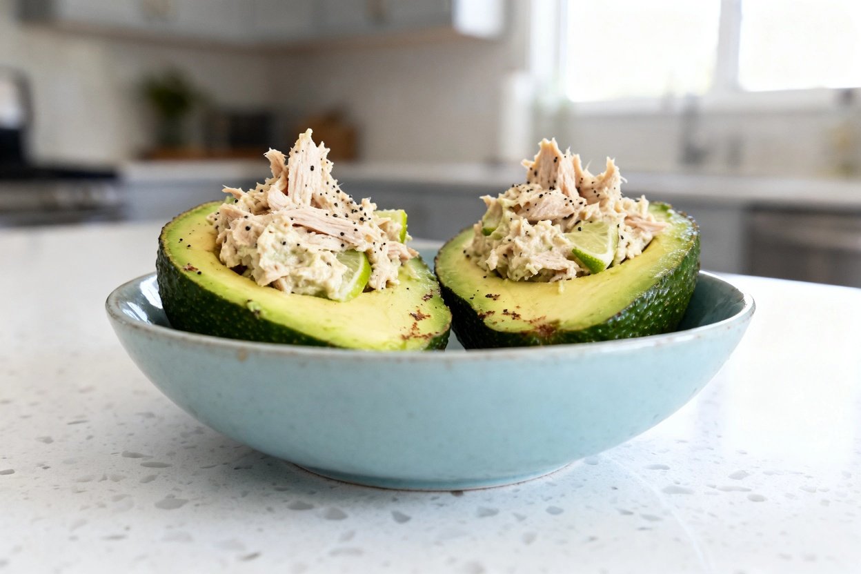 –40 degree perspective of the exact same finished dish and portion: two halved, pitted avocados (ski