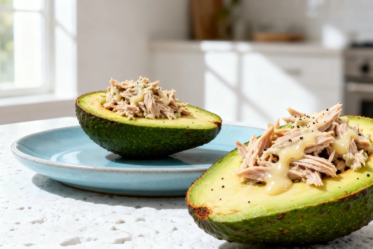  shot at roughly 30–45 degrees emphasizing texture of the same finished 5-Ingredient Keto Avocado Tu