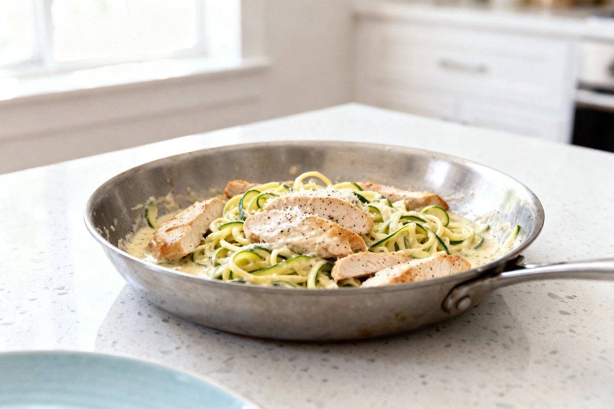 –40 degree view of the same finished keto chicken Alfredo (same sliced chicken breast pieces, same z