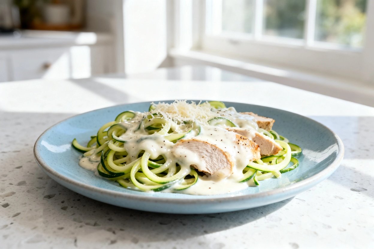  shot at 30–45 degrees of the same plated serving on the identical light blue ceramic plate/bowl: zu