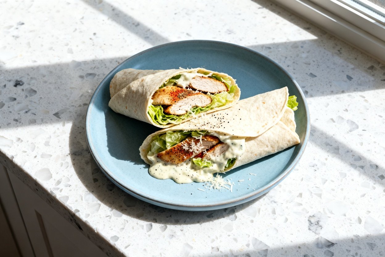 top-down food photo of the finished Keto Chicken Caesar Wraps: a single serving on a light blue cera
