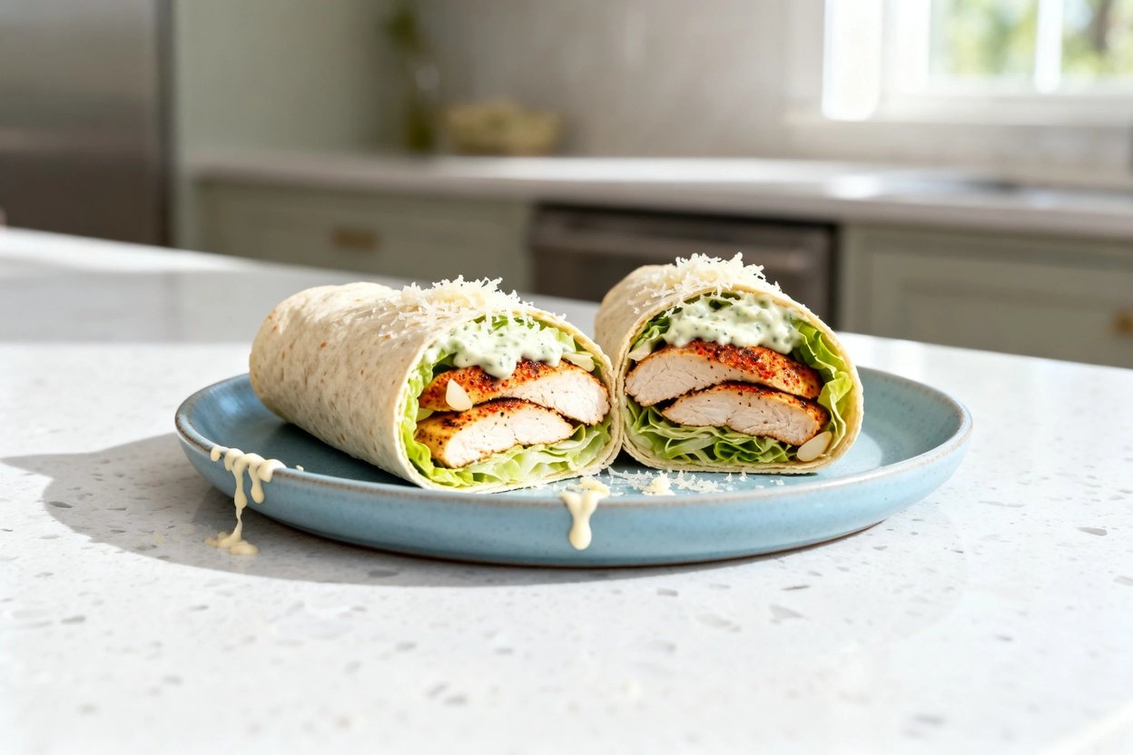 bout 35°) photo of the exact same finished Keto Chicken Caesar Wraps from the same session: identica