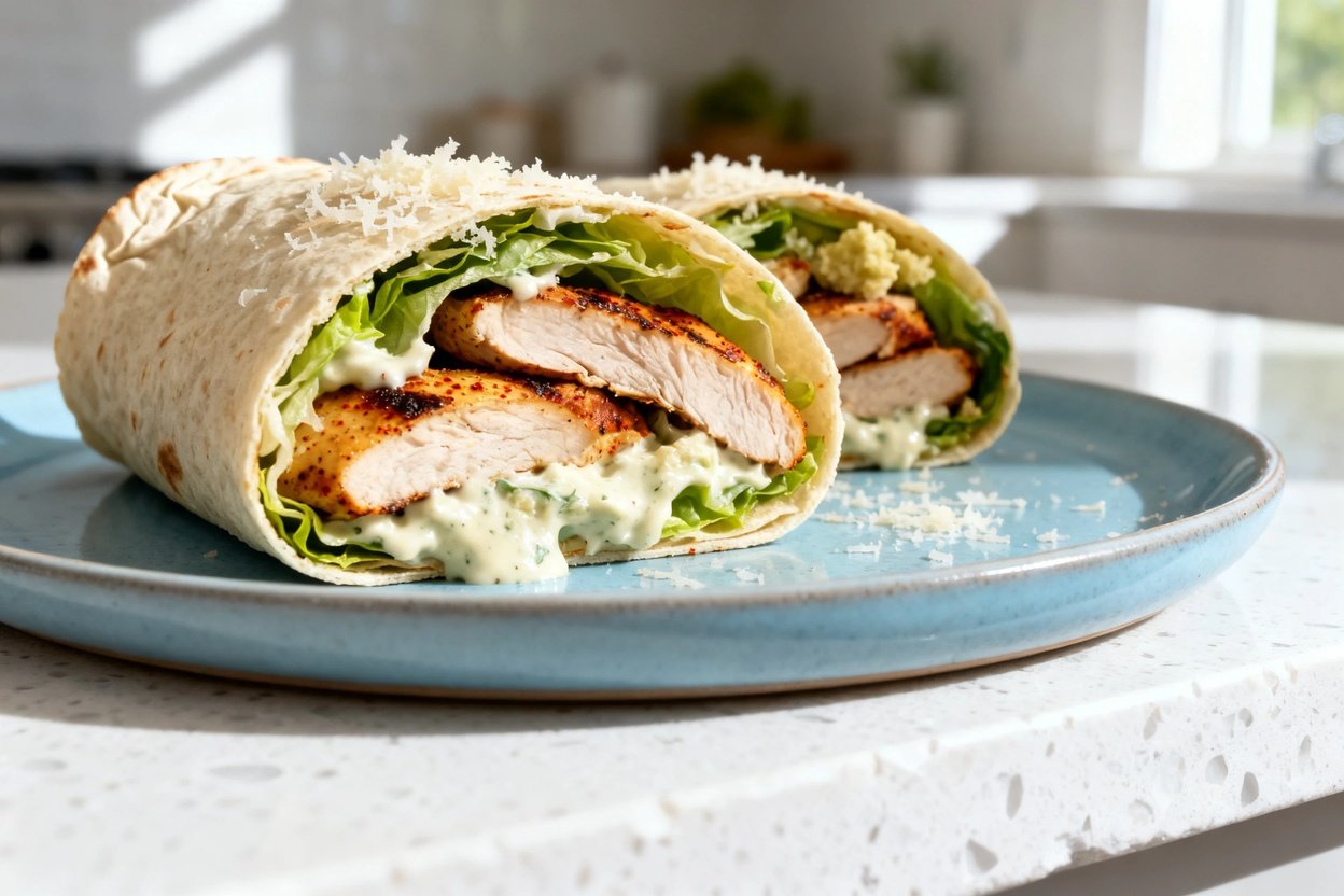  shot (about 40–45°) emphasizing texture of the same finished Keto Chicken Caesar Wraps: same light 