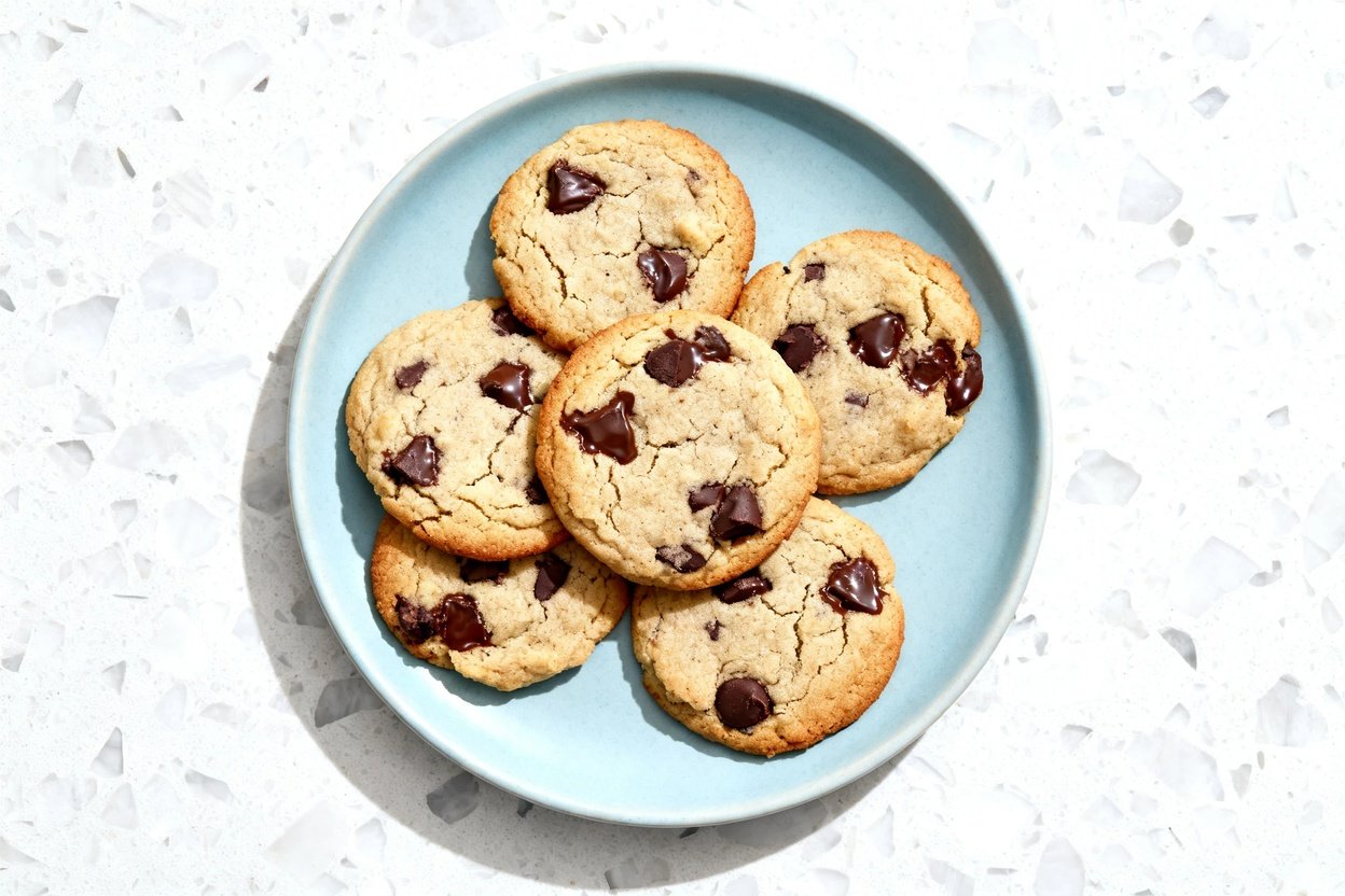 top-down food photograph of the finished dish: keto chocolate chip cookies baked from almond flour d