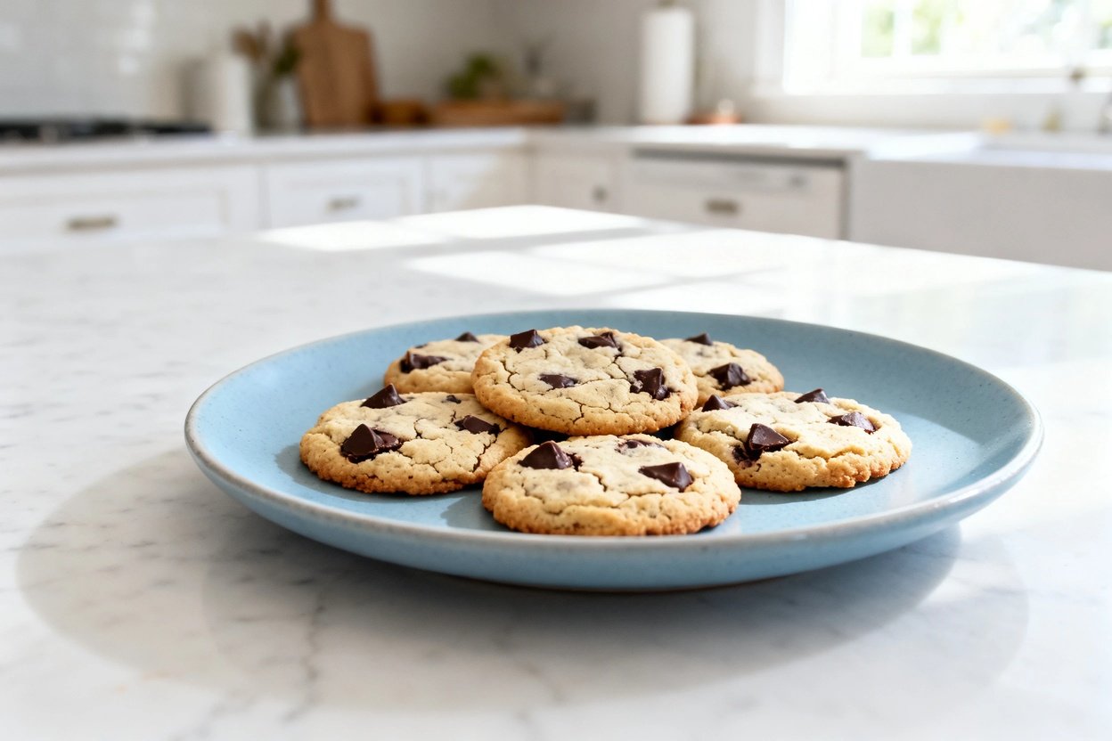 –40° perspective photograph of the same finished keto chocolate chip cookies (same size, thickness, 