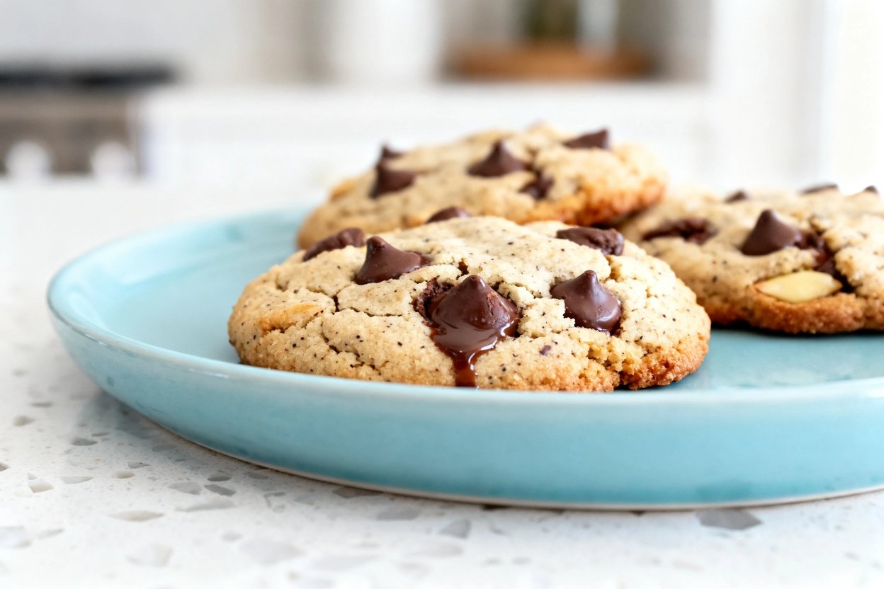  shot at 30–45° of the same plated keto chocolate chip cookies on the identical light blue ceramic p