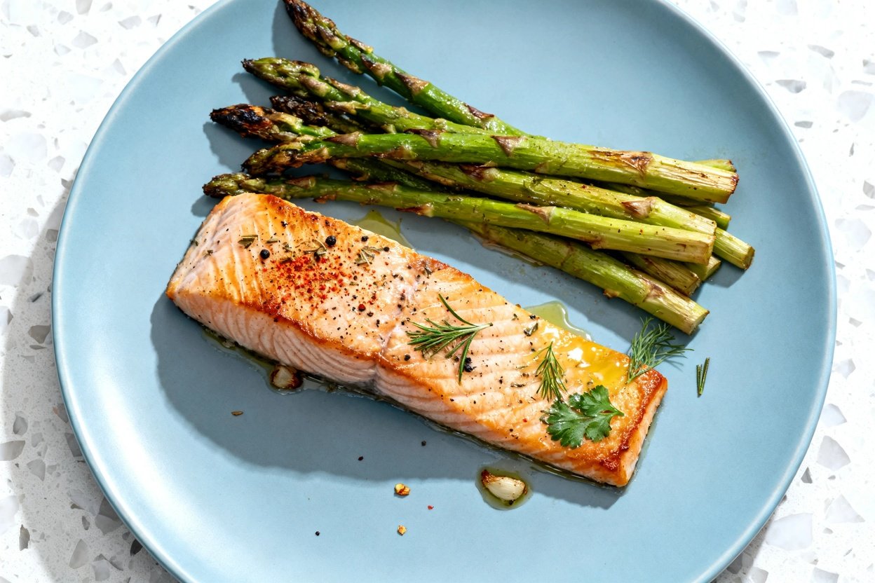 top-down food photo of a single serving keto sheet-pan roasted fish and asparagus: one flaky, juicy
