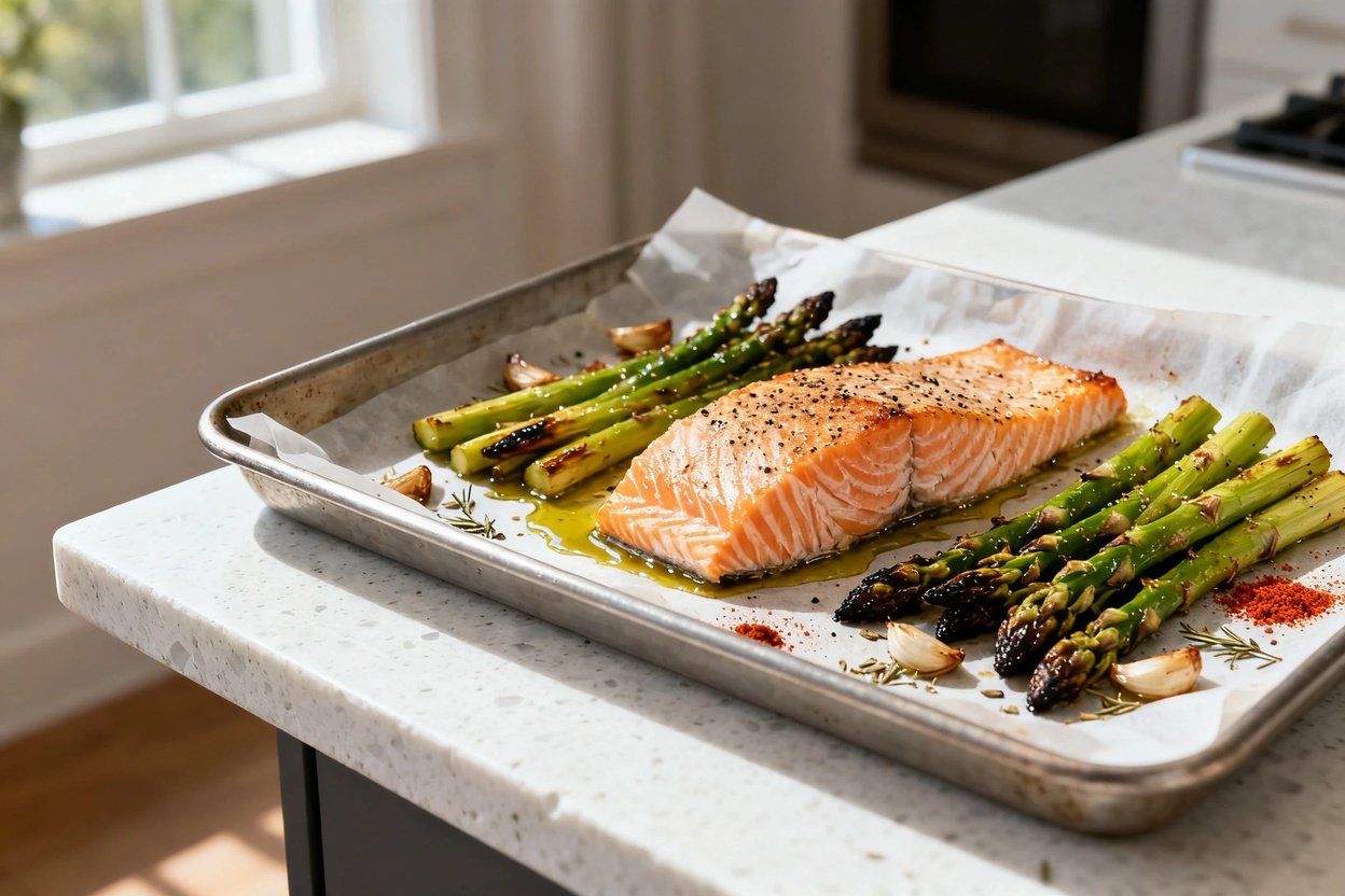 bout 35°) realistic home-kitchen photo of the exact same finished keto sheet-pan fish and asparagus,