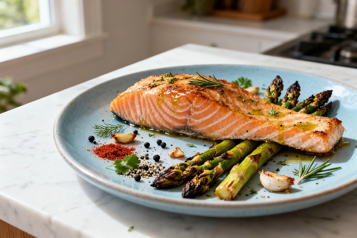 shot (about 40°) of the identical plated serving: one roasted salmon fillet and roasted asparagus o