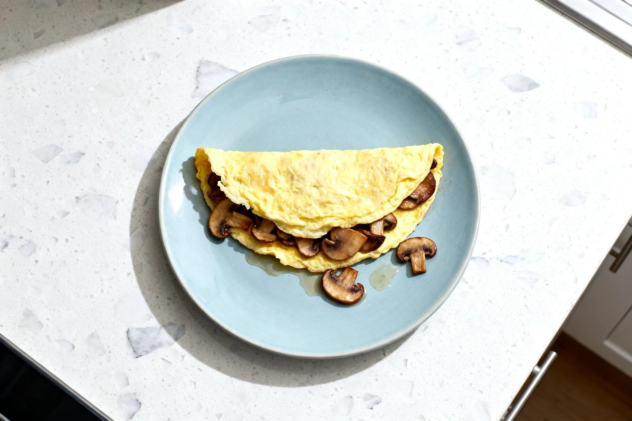 top-down food photo of a single-serving easy keto mushroom omelette: a folded half-moon omelette wit