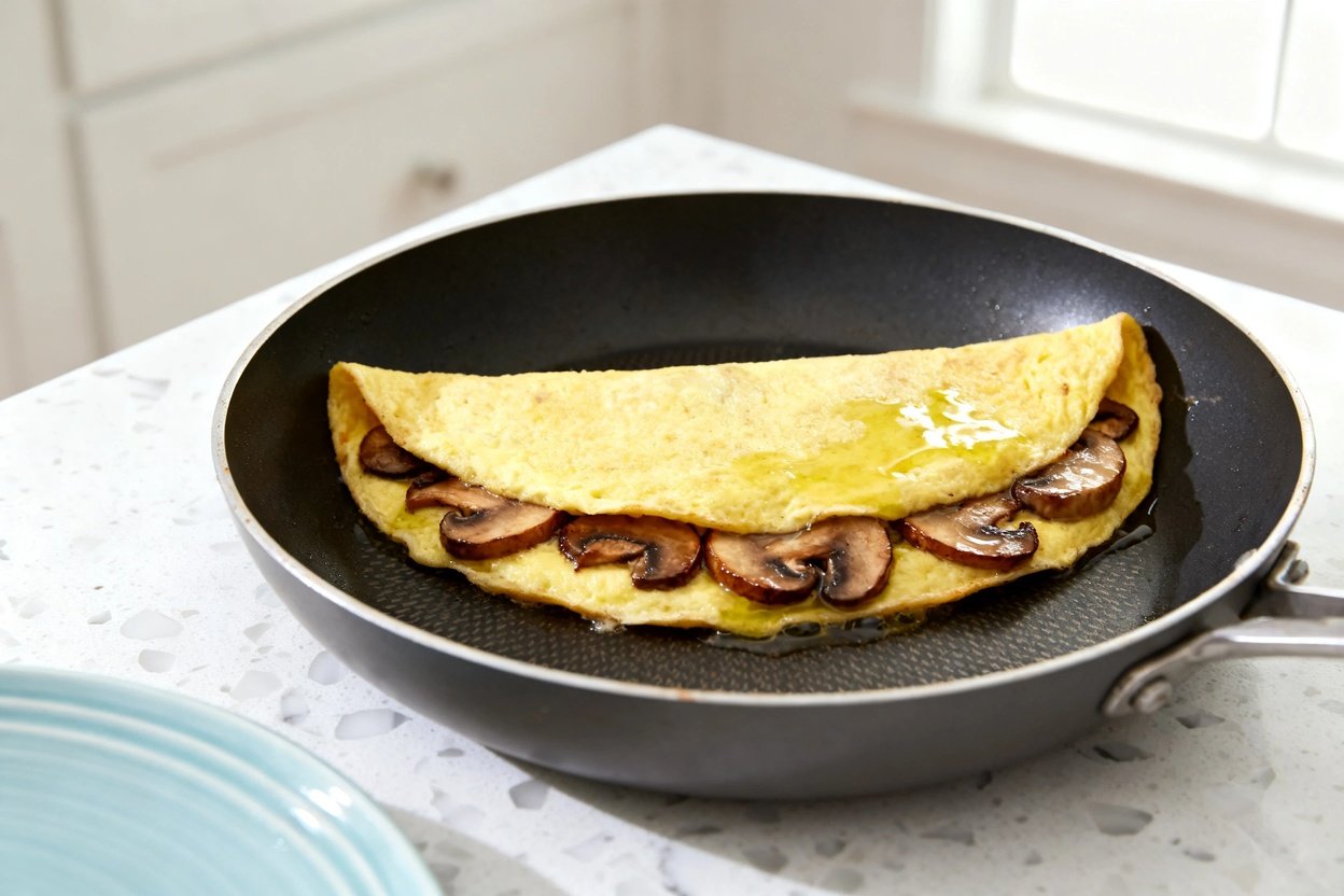 bout 35 degrees) realistic photo of the same finished easy keto mushroom omelette from Image 1, iden