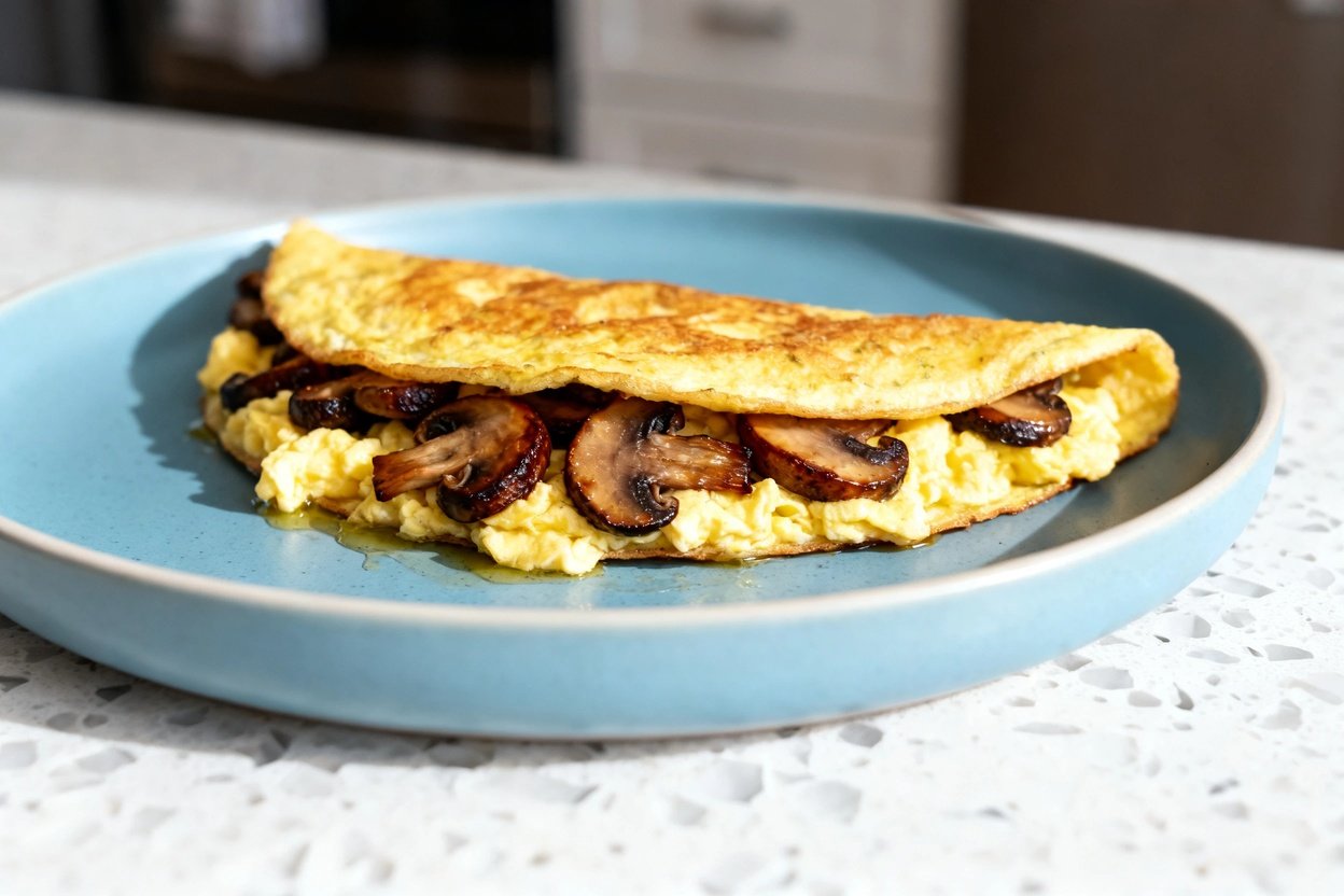  shot (about 40–45 degrees) of the same plated easy keto mushroom omelette as Image 1: identical fol