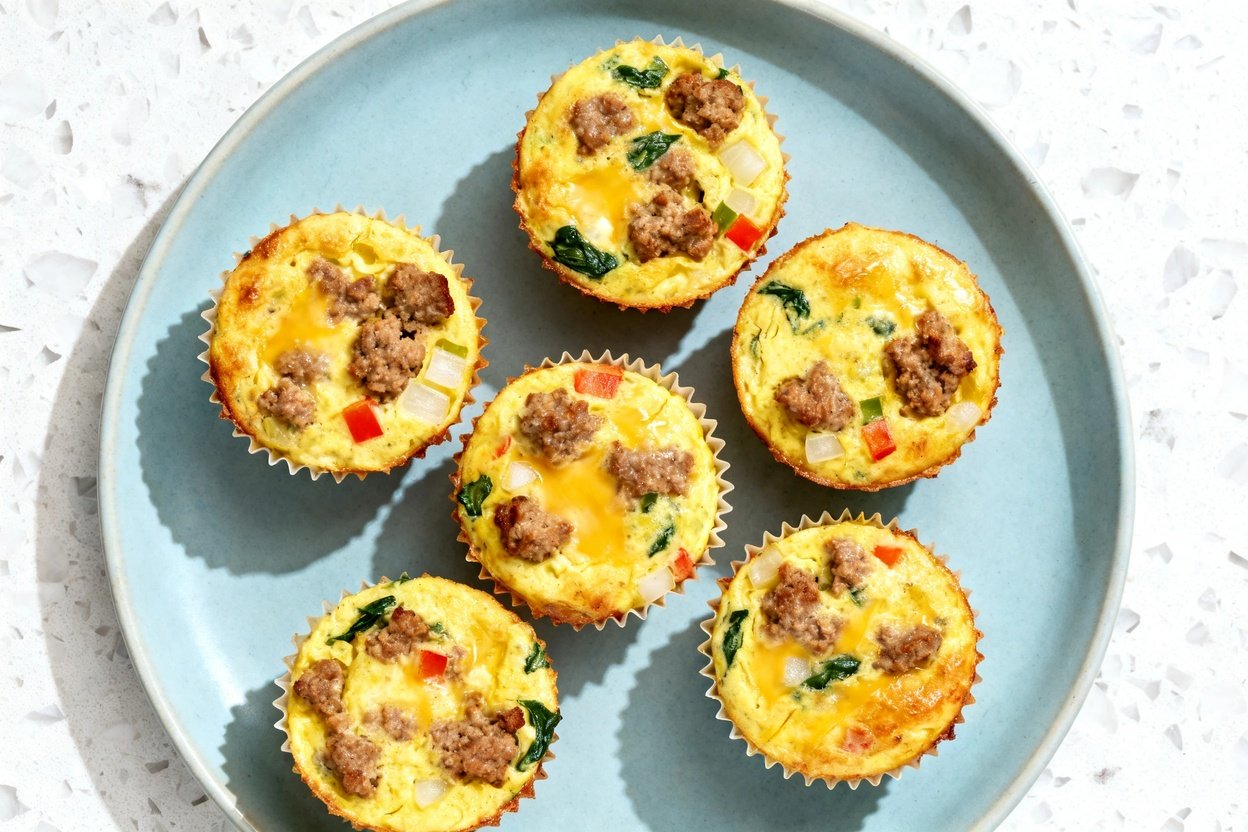 top-down food photo of keto egg muffins with sausage: six evenly sized, golden-brown egg muffins (cu