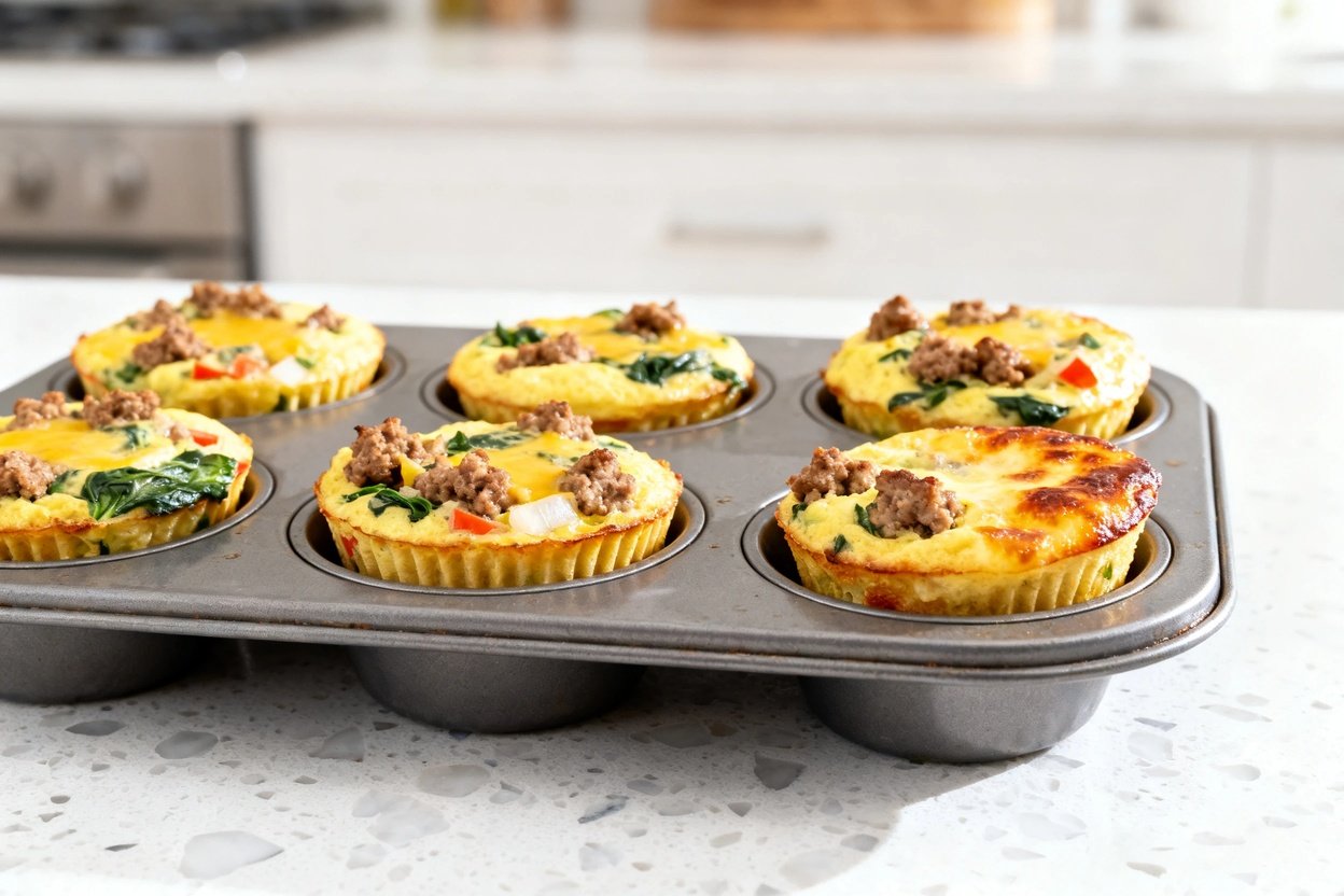 bout 30–40 degrees) realistic photo of the same finished keto egg muffins with sausage, identical cu