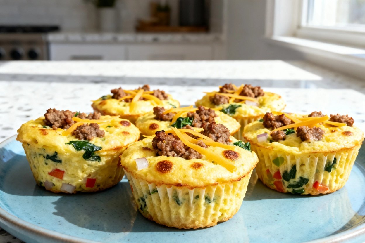  shot (about 30–45 degrees) of the same keto egg muffins with sausage plated on the same light blue 