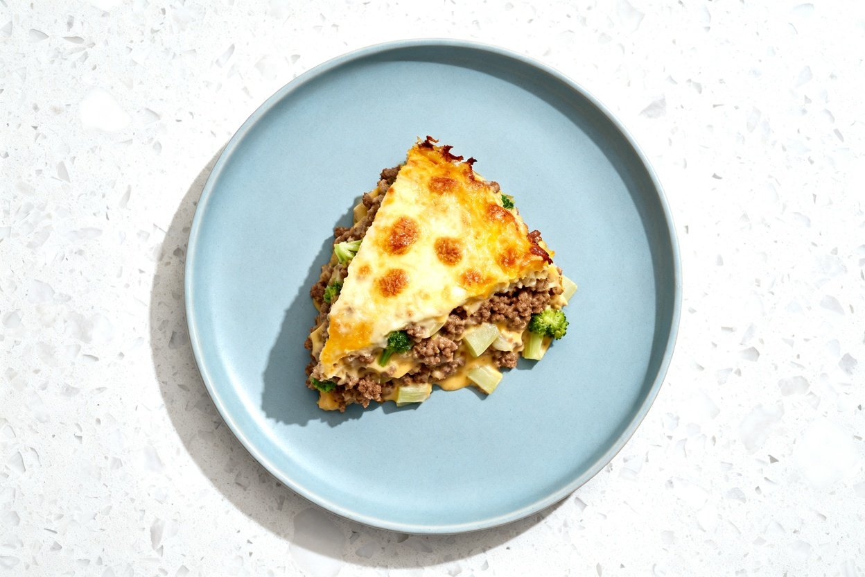 top-down food photograph of a single serving of one-pot keto ground beef casserole centered on a li