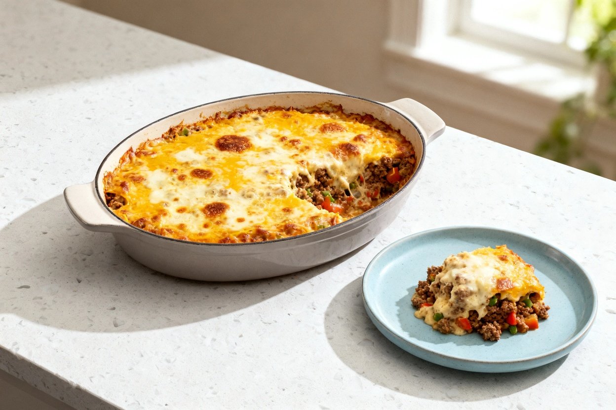 –40 degree view in the same clean, bright home kitchen, showing the exact same finished one-pot keto