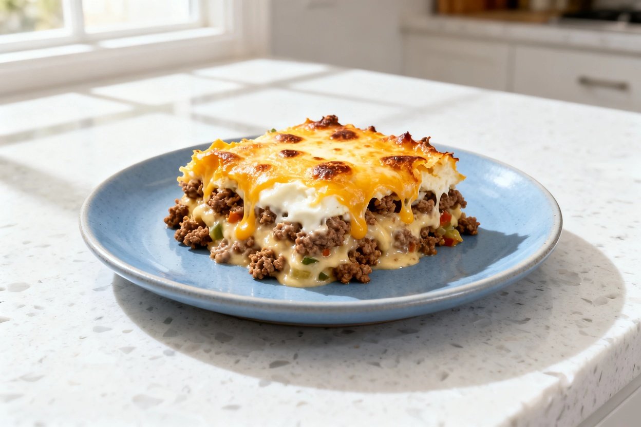 shot at approximately 30–45 degrees of the same single serving of one-pot keto ground beef casserol