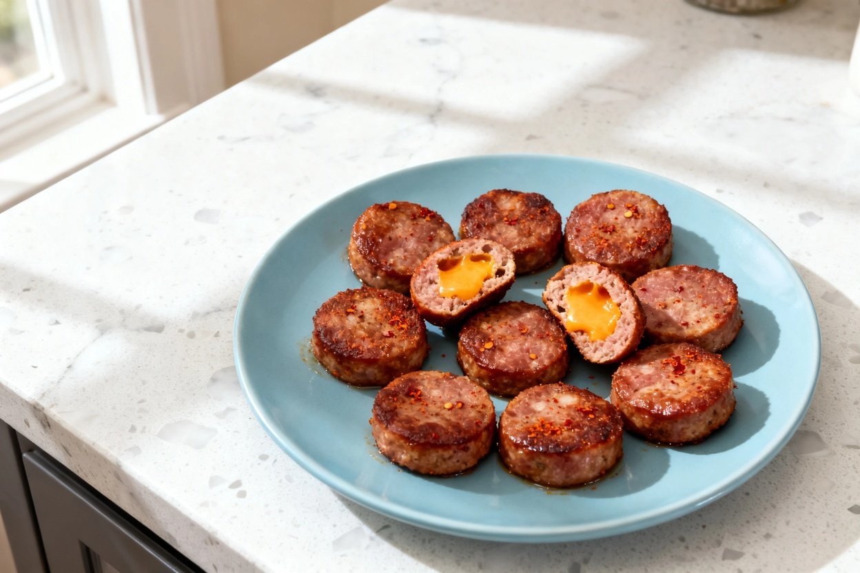top-down food photo of spicy keto sausage bites: identical bite-sized sausage rounds (same size and
